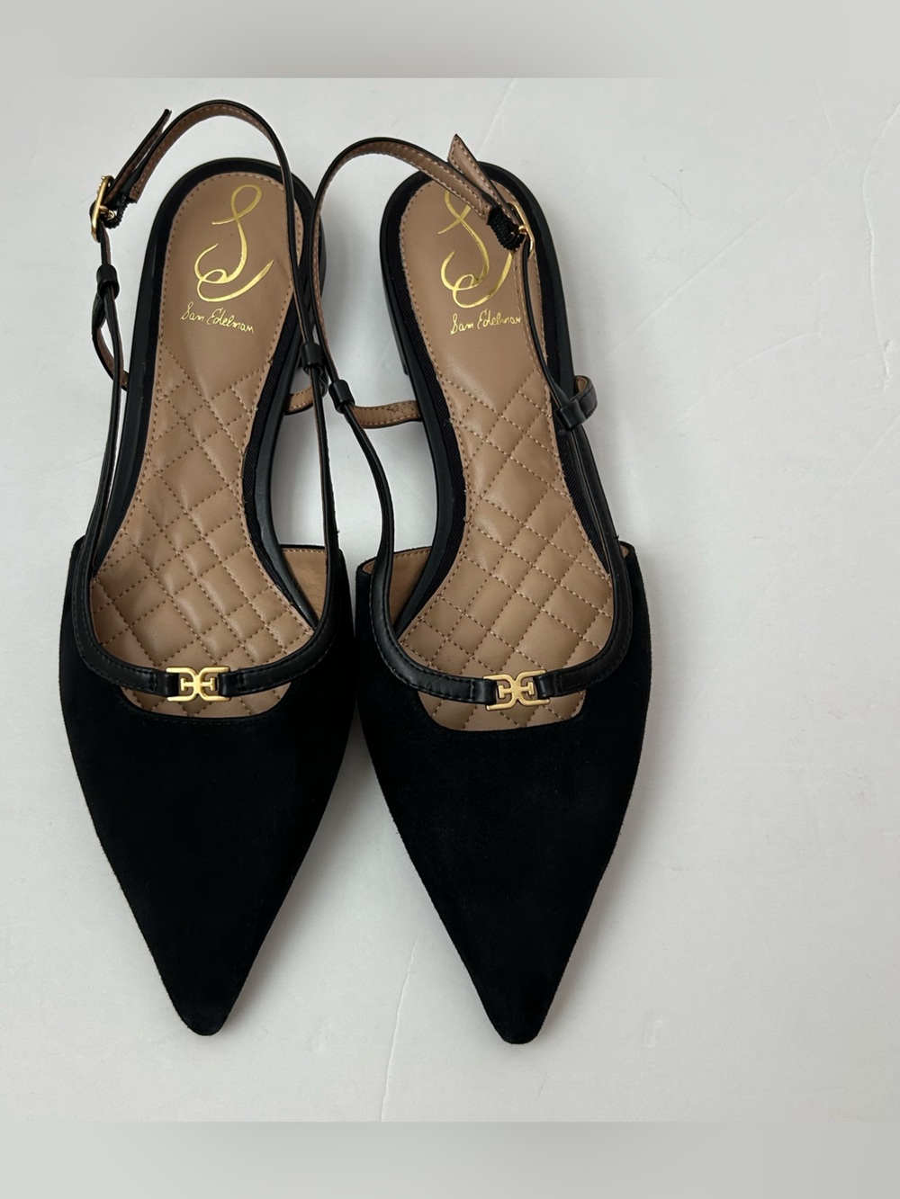 Sam Edelman Cohen Suede Slingback Pointed Flats Black Gold 9 - Picture 2 of 16